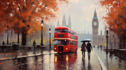 oil painting on canvas, street view of london. Artwork. Big ben. man and woman under a red umbrella, bus. Tree. England (ai generated)