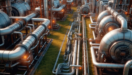Fototapeta premium Aerial view of refineries complex pipeline system, Pipeline and pipe rack.