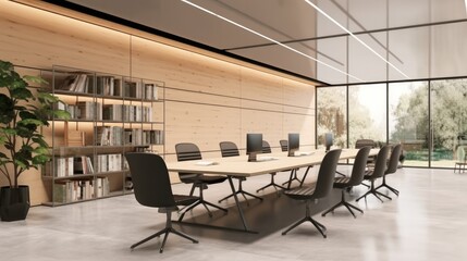 Conference table and chairs in meeting room in office.
