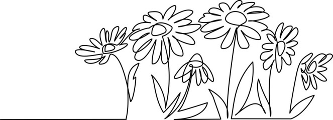 Daisy flowers field. Continuous one line art drawing style.