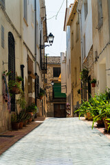 Narrow street decorated with pots plants in Gorga town, Alicante (Spain).