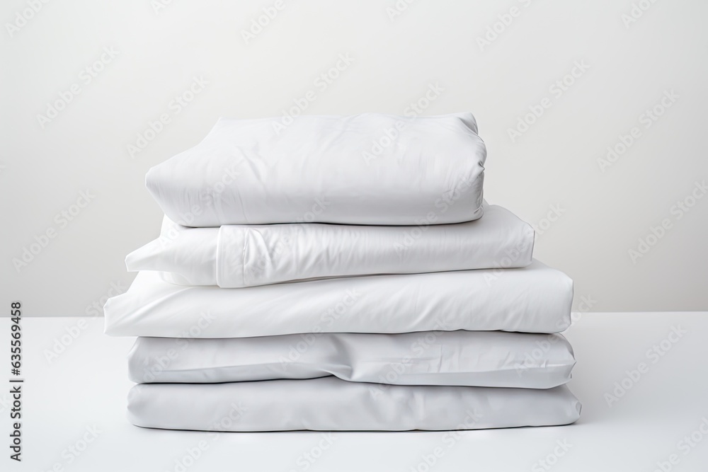 Poster there is a white background with a stack of neatly arranged bed sheets and a pillow. there is empty 