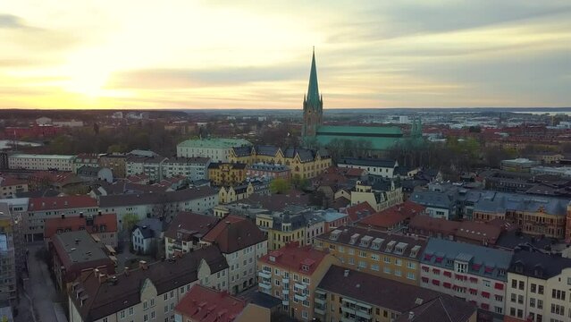 Aerial view of old historical Linkoping city in Sweden. European architecture in scandinavian town