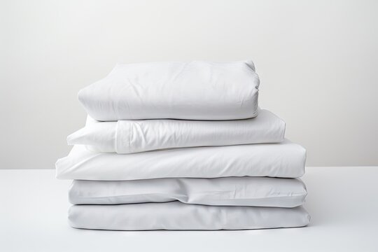 There is a white background with a stack of neatly arranged bed sheets and a pillow. There is empty space available for adding text.