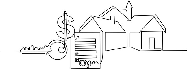 Renting or buying house: contract, money, key, home. Continuous one line drawing