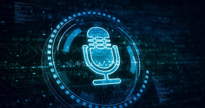 Microphone podcast online and on air record live broadcast symbol digital concept. Network, cyber technology and computer background abstract 3d animation.