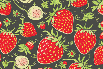 Vector summer pattern with red and white 
berries of strawberry and 
green leaves on black background.
Drawing for clothing, fabric, textile, paper, notepad, card.