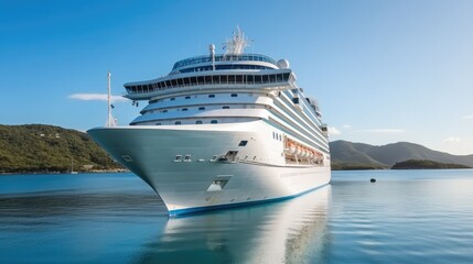 Naklejka premium Cruise liner ship in ocean with blue sky, Tourism travel on holiday take a vacation time on summer concept.