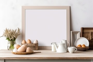 Fototapeta na wymiar Homey kitchen decor template with chic interior design, featuring a mock up photo frame, wooden table, tea, eggs, bagels, and kitchen accessories.