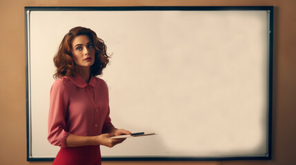 Female teacher with a whiteboard in the background. Made with Generative AI.
