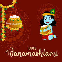 Indian Festival Happy Janmashtami Vector Illustration Hand Drawn Creative Design & Background 