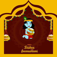 Indian Festival Happy Janmashtami Vector Illustration Hand Drawn Creative Design & Background 