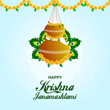 Indian Festival Happy Janmashtami Vector Illustration Hand Drawn Creative Design & Background 