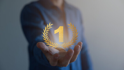 Winner round pedestal with golden number one symbol. Poster or banner template.