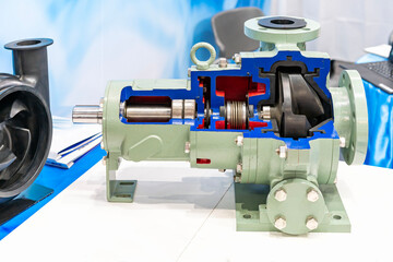 close up cross section sample impeller and other detail inside volute chamber housing frame plate liner etc. of centrifugal pump for water or liquid conveying in industrial