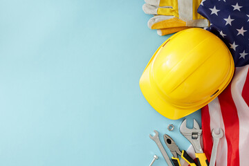 Show your gratitude to construction workers this Labor Day. Top view photo of helmet, american flag, gloves, building tools on pastel blue background with empty space for promo or text