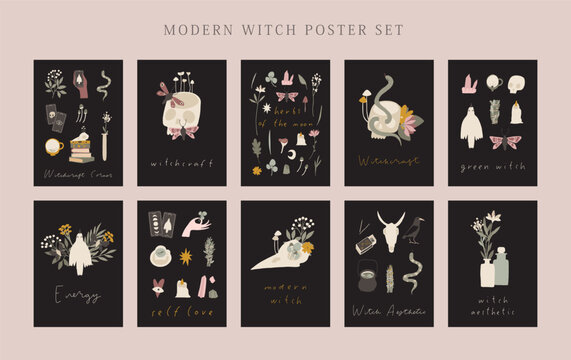 Modern witch aesthetic botanical poster or card collection. Mystery green witch magic element. Cute feminine mystical herbs, books, flower. Witchcraft art vector illustration. Esoteric, hand drawn set