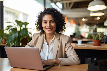 Young pretty smiling Latin business woman employee or student sitting in corporate office with laptop. Happy professional businesswoman looking at camera sitting at desk. Portrait Generative Ai