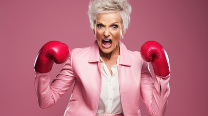 Angry mood of enior woman in pink with a punching bag. 
