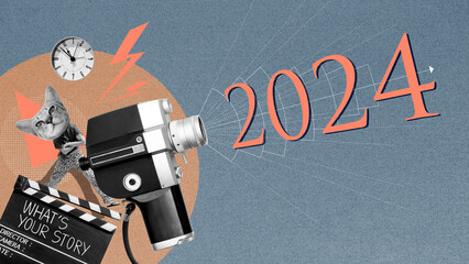 A new story begins in year 2024. antique movie camera and diagrams showing the focal lengths of different types of lenses. Story telling concept and crew in film industry. Abstract art collage. - obrazy, fototapety, plakaty