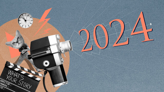 A new story begins in year 2024. antique movie camera and diagrams showing the focal lengths of different types of lenses. Story telling concept and crew in film industry. Abstract art collage.