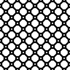 Seamless surface pattern design with octagons and squares. Repeated white polygons on black background. Geometric wallpaper. Parquet motif. Digital paper for textile print, web designing. Vector art.