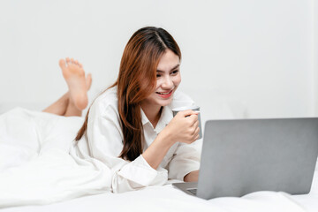 Activity at home leisure lifestyle concept, Young woman in clothes casual drinking hot chocolate and