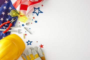 Join the celebration american Labor Day. Top view arrangement of american flag, construction hard...