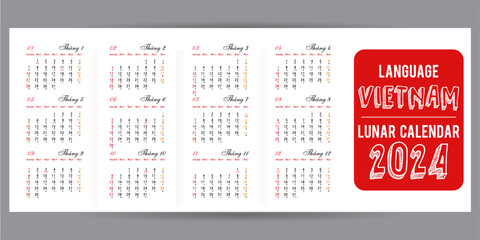 Chinese calendar planner template for 2024 Year. Set of 12 Months. Week starts monday. Lunar calendar 2024. Eps 10 vector illustration.
