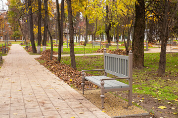 A bench in an empty autumn park in the afternoon.