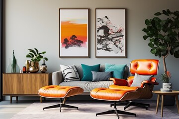 Living room interior with modern furniture, wooden decor, and poster frame.
