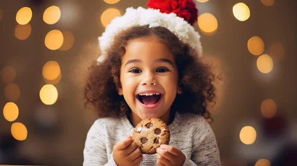  little girl with christmas hat eating christmas cookie created with Generative AI technology © pvl0707