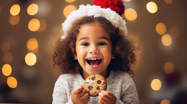 little girl with christmas hat eating christmas cookie created with Generative AI technology