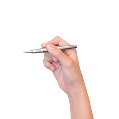 Teenage hand holding a pen at the target - education targeting, aiming, focus concept. white background, isolate.	

