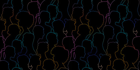 Diverse colorful people crowd silhouette abstract art seamless pattern. Multi-ethnic community, cultural diversity group background drawing illustration in color gradient style.