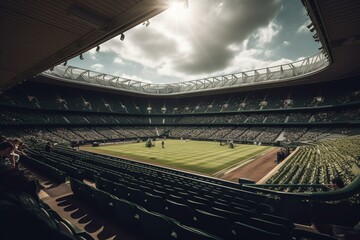 Sunny Wimbledon tennis arena. Generative AI