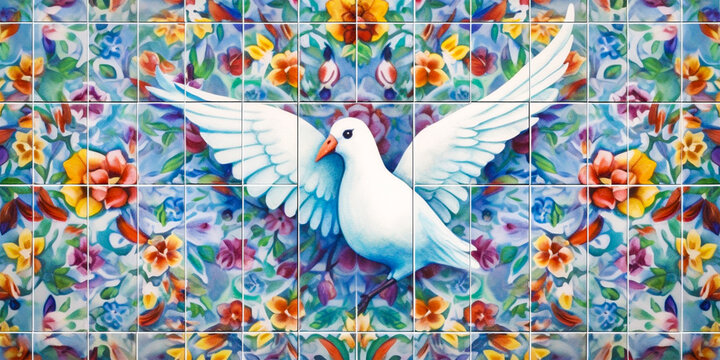 Realistic Wildflowers Design for Tile or Wall Mural Peace Sign with Dove as Illustrated Motif An illustration that combines wildflower elements. tiles and peace sign with dove