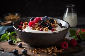 Healthy morning meal featuring granola, yogurt, and berries. Generative AI