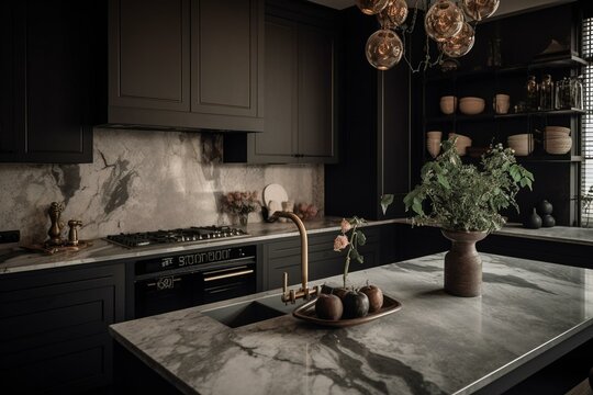 Beautiful Closeup Of Custom Designed Kitchen With Marble Looking Quartz  Countertop And Backsplash Cream Electric Kettle With Porcelain Tea  Accessories On The Marble Countertop Next To Ceramic Hob Stock Photo -  Download