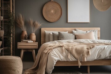 Close-up of a modern Scandinavian bedroom with wooden and rattan furniture, white tones, a double bed, a mirror, and decorative accents. Generative AI