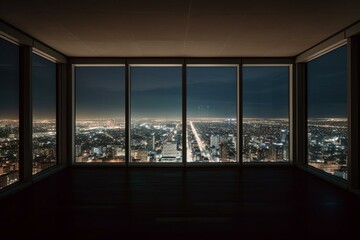 City view from high-rise window in an empty room at night. Real estate with beautiful Philadelphia skyline. Generative AI