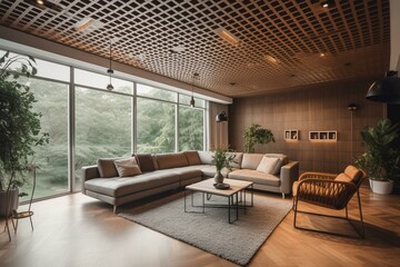 Contemporary living room with wooden floors and lattice ceiling, adorned with brown leather furniture, offering a garden view. Generative AI