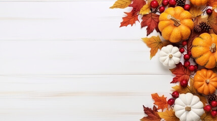 White wooden background with colorful autumn leaves and pumpkins. Copy space.. Generative AI.
