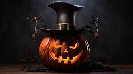 A spooky halloween pumpkin, Jack O Lantern, with an evil face . Generative AI.