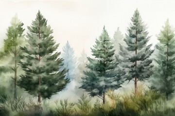 Fototapeta na wymiar Watercolor background with evergreen trees and natural artwork, ideal for card or invitation designs. Generative AI