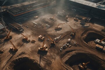 Bird's eye view of stadium construction site with abundant machinery. Generative AI