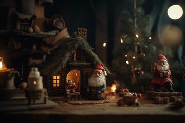 Festive vibes with a small tree, gifts, Santa Claus, and a cozy woodland house. Generative AI