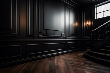 Black lacquered wall with ebony wood wainscoting. Generative AI
