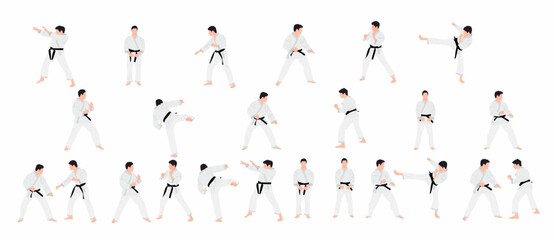 set of Karate people vector illustration. Karate player in different action pose. Combat skill for self defense. flat vector illustration.  © LazyArtist