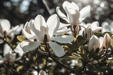 Blossoming white magnolia tree flowers on a sunny spring day, portraying the awakening of nature. Generative AI